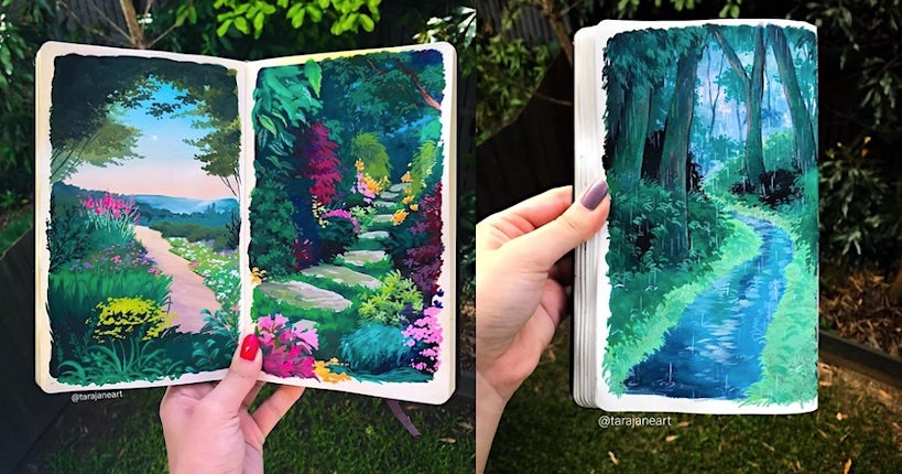 Dans ses carnets, une artiste dessine des paysages inspirés des films du studio Ghibli